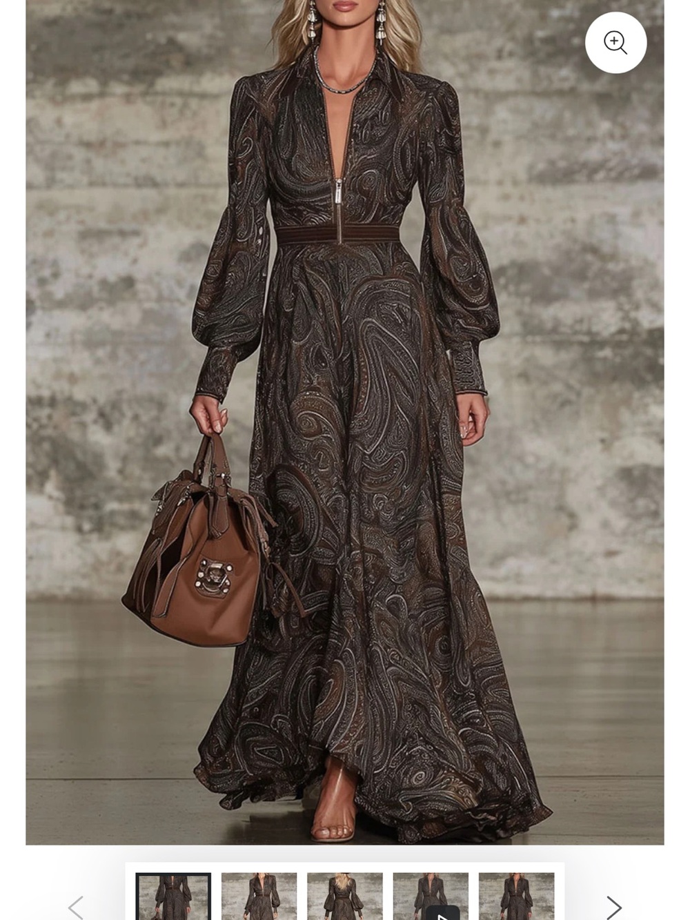 Paisley Brown Maxi Dress with Balloon Sleeves